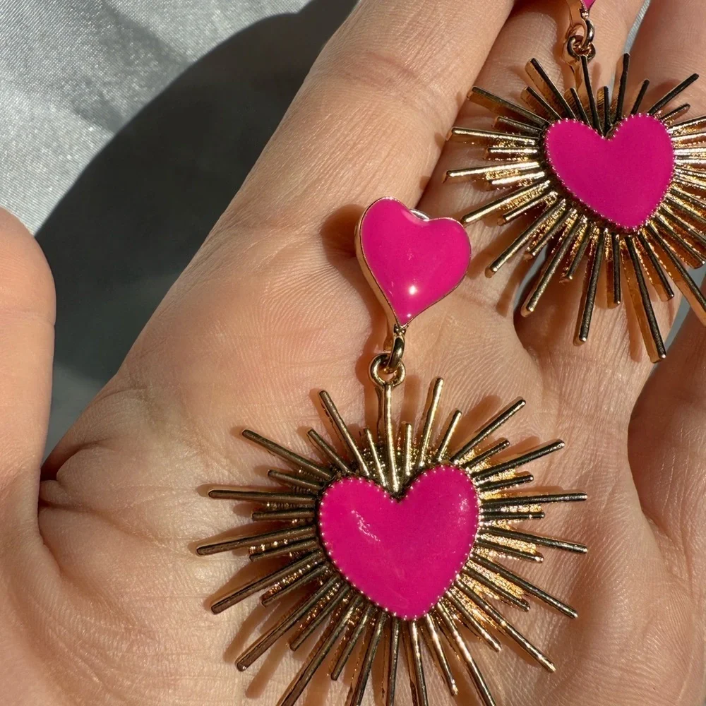 Pink Heart Statement Retro Gold Sunburst Dangle Valentine’s Day Jewelry